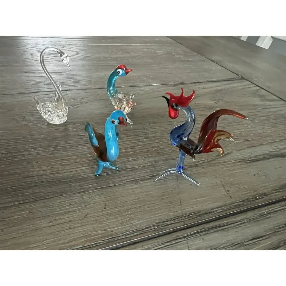 Hand Blown Glass Bird Figurines Swan, Ducks, & A Rooster Miniature Art Glass Set